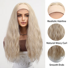 Long Golden Silver Gray Curly Hairband Wig Elastic Cap Heat-Resistant Breathable Water Wave Synthetic Wig with Real Photos
