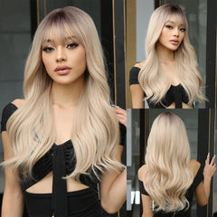 Dark Brown Kinky Curly Wave Mixed Blonde Synthetic Wigs with Bangs Deep Wave Long Hair Wig for Women