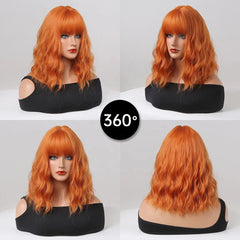 Orange Synthetic Wigs Short BoBo Deep Curly Wig with Bangs for Women Cosplay Daily Party Lolita Hair