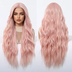 Natural Pink Synthetic Fiber Lace Wig with Long Curly Body Wave Soft Breathable Closed Cap Real-Life Photo of Loose Waves