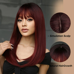 Fast Delivery Long Burgundy Straight Synthetic Heat Resistant Wigs with Bangs Ombre Wine Red Wig for Women Afro