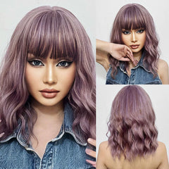 Purple Synthetic Wigs Short BoBo Deep Curly Wig with Bangs for Cosplay Daily Party Lolita Hair