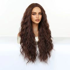 Synthetic Future Fiber Long Deep Brown African Curl Super Wave Heat Resistant Elastic Cap Natural Loose Wave Wig