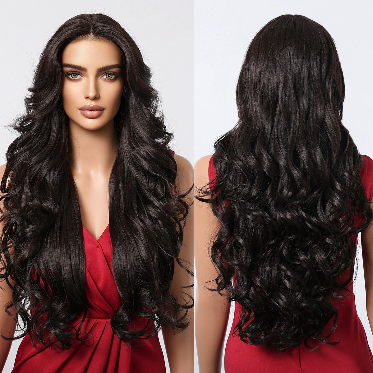13*6 Large Area Lace Wig Synthetic Future Fiber Long Natural Layered Soft Wave Wig Color Mixing High Density Black Dark Brown