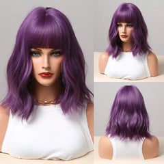 Purple Synthetic Wigs Short BoBo Deep Curly Wig with Bangs for Cosplay Daily Party Lolita Hair