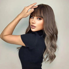 Wigs Wholesale Ash Brown Wave Synthetic Wigs With Bangs Long Brown Highlight Curly Wig Mixed Brown Heat Resistant False Hair