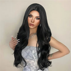 MOQ1 Long Black Body Wave Synthetic Hair Wig Middle Parting Black Natural Curly Wig for Women Heat Resistant