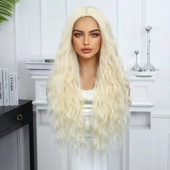 Synthetic Fiber Long Curly Wig with Elastic Cap Natural Blonde Loose Waves No Bangs Sea Wave Style Heat-resistant Wig