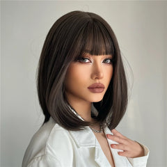Outlet Synthetic Bob Short Hair with Bangs Straight Black Brown Natural Color Rose Net Wig Heat Resistant