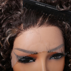 Brown Super Curly Ombre White Stripe Bob Lace Wig Future Fiber Soft Breathable Closed Cap African Wig Real Photo