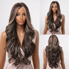 MOQ1 Long Light Golden Body Wave Synthetic Wigs Middle Part Blonde Curly Wig High Quality Soft Hair