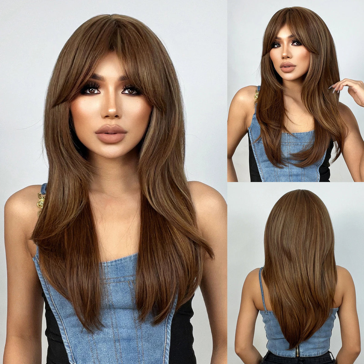 Direct Deep Brown Black Ombre Highlight Wig Elastic Cap High-Temperature Fiber Synthetic Hair Real Photo Straight Style