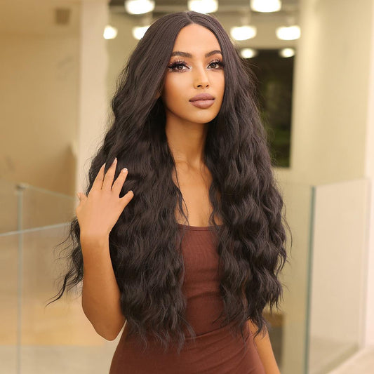 Japan Fiber 13x4 Long Curly Wavy Lace Front Synthetic Wigs Dark Black Brown Deep Wave Lace Wigs for Black Women Natural Futura