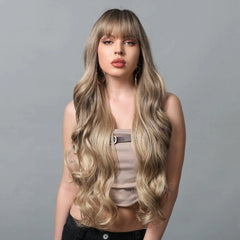 34 Inch Extra Long Heat Resistant Fiber Wig Golden Layered Large Wave Curly Synthetic Wig Curly Hair Matte High Density