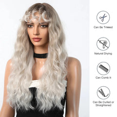 MOQ1 Ombre Blonde Curly Wigs with Bangs Long Wave Synthetic Full Wig Cute Party Cosplay Wig High Temperature False Hair