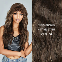 Dark Brown Kinky Curly Wave Mixed Blonde Synthetic Wigs with Bangs Deep Wave Long Hair Wig for Women