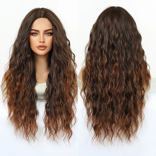 Synthetic Future Fiber Long Medium Brown Ombre Light Brown Mixed Stripes Highlights Elastic Cap Natural Loose Wavy No Bangs Wig