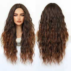 Synthetic Future Fiber Long Medium Brown Ombre Light Brown Mixed Stripes Highlights Elastic Cap Natural Loose Wavy No Bangs Wig