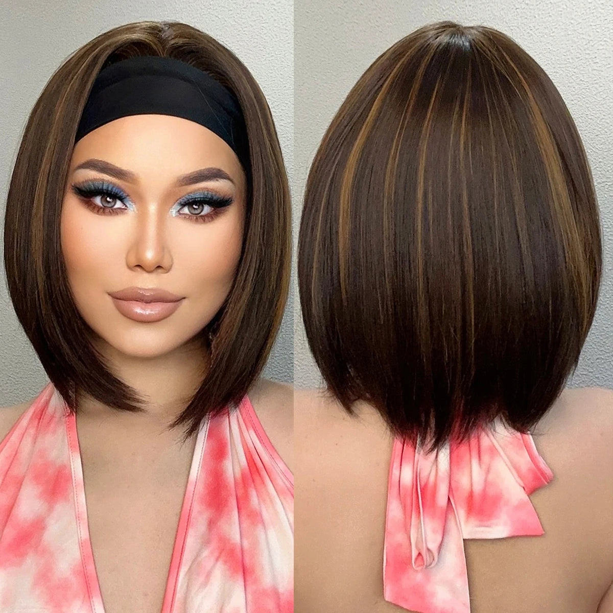 Bob Brown Ombre Gold Stripe Mixed Straight Hairband Wig Synthetic Wig Elastic Cap Heat-resistant Breathable Cap Real Photo