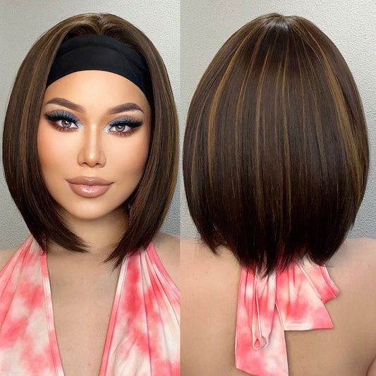 Bob Brown Ombre Gold Stripe Mixed Straight Hairband Wig Synthetic Wig Elastic Cap Heat-resistant Breathable Cap Real Photo
