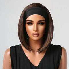 Bob Brown Ombre Gold Stripe Mixed Straight Hairband Wig Synthetic Wig Elastic Cap Heat-resistant Breathable Cap Real Photo
