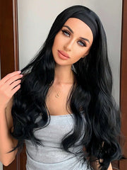Headband Wig Pure Black Long Wavy Curly Synthetic Wig Heat-resistant Clip Soft Elastic Cap Real Photo