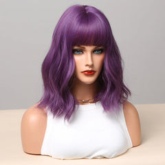Dark Purple Synthetic Wigs Short BoBo Deep Curly Wig with Bangs for Women colored wig