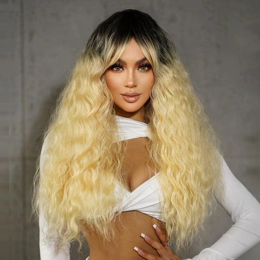 Inventory Fast Shipping Synthetic black hair roots yellow wig matte Deep Wave wig long curly Kinky Curl hair African wigs