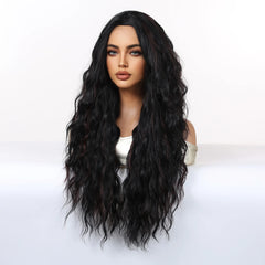 Synthetic Future Fiber Long Black Mixed Brown Stripes Heat-Resistant Elastic Cap Natural Loose Wave No Bangs Hairline Wig