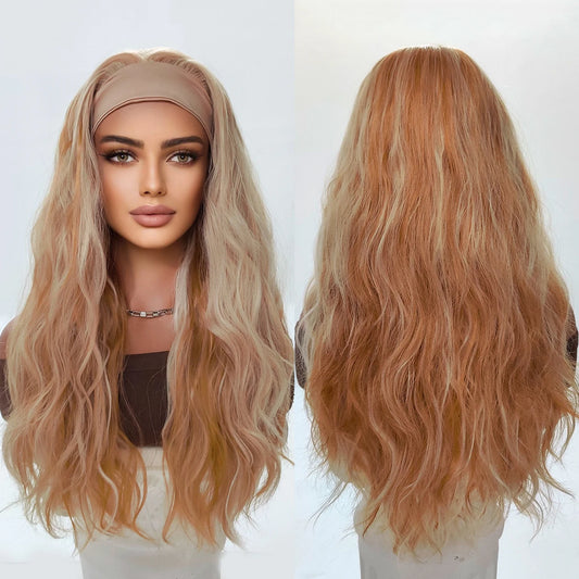 Headband Red Gold White Striped Curly Wig Elastic Cap Heat-resistant Breathable Water Wave Synthetic Wig Real Photo