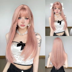 High-Grade Fiber Synthetic Wig Long and Loose Straight Pink Hair Elastic Breathable Cap with Rose Mesh Real Photo
