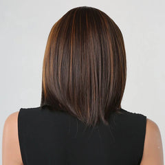 Bob Brown Ombre Gold Stripe Mixed Straight Hairband Wig Synthetic Wig Elastic Cap Heat-resistant Breathable Cap Real Photo