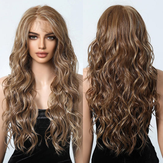 13*6 Synthetic Lace Front Wigs Brown with Blonde Highlight Lace Wigs with Baby Hair for Afro Women Daily Heat Resistant