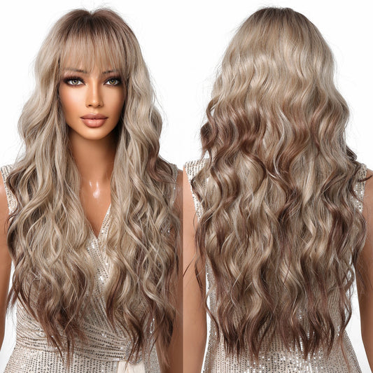 Wigs Wholesale Long Curly Blonde Ombre Synthetic Wigs with Bangs Brown Highlights Water Wavy Hair Wig for Black Women