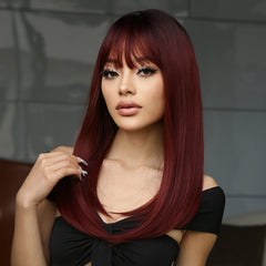 Fast Delivery Long Burgundy Straight Synthetic Heat Resistant Wigs with Bangs Ombre Wine Red Wig for Women Afro