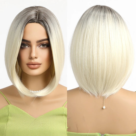 Blonde Ombre Mixed Short Bob Synthetic Wig with Layering and No Bangs Heat Resistant Fiber Women's Style Real Photo