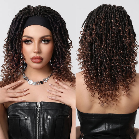 Real Photo African Curly Synthetic Wig Headband Wig Elastic Cap Black Ombre Future Fiber Synthetic Hair Wide Braid Wig Style
