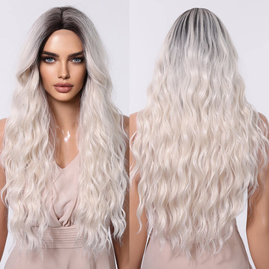 Black Hair Root White Layered Wig Curly Hair Wigs Without Bangs Women's Heat Resistant Fiber Matte Durable Real Photo