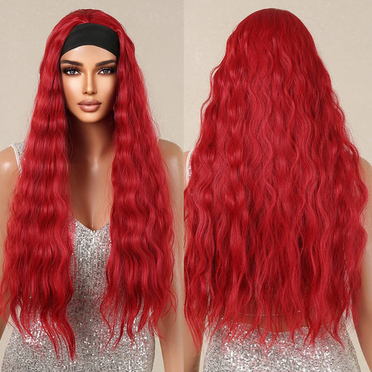 Pure Red Long Wavy Curly Synthetic Wig Heat-Resistant Clip Soft Elastic Cap Real Photo-High Temperature Fiber Water Body Wave