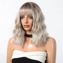 Stock Enough Blonde White Ombre Medium Length Synthetic Wig With Bang Wave Wig Curly Natural Wig Durable Smooth Live Photos