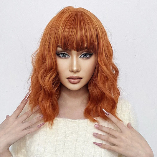Orange Synthetic Wigs Short BoBo Deep Curly Wig with Bangs for Women Cosplay Daily Party Lolita Hair