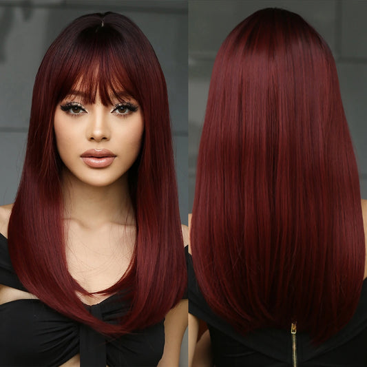 Fast Delivery Long Burgundy Straight Synthetic Heat Resistant Wigs with Bangs Ombre Wine Red Wig for Women Afro