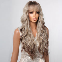 Wigs Wholesale Long Curly Blonde Ombre Synthetic Wigs with Bangs Brown Highlights Water Wavy Hair Wig for Black Women