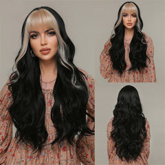 Wigs Wholesale Long Curly Blonde Ombre Synthetic Wigs with Bangs Brown Highlights Water Wavy Hair Wig for Black Women