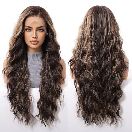 Futura Fiber 13x6 Lace Synthetic Wig Dark Brown and Gold Mixed Color Long Curly Soft High Density Real Video Heat Resistant