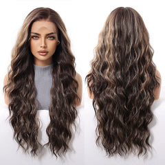 Futura Fiber 13x6 Lace Synthetic Wig Dark Brown and Gold Mixed Color Long Curly Soft High Density Real Video Heat Resistant