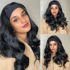 Headband Wig Pure Black Long Wavy Curly Synthetic Wig Heat-resistant Clip Soft Elastic Cap Real Photo