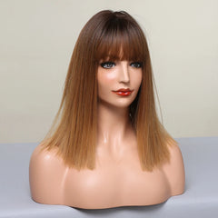 Direct Sale Medium Brown Ombre Gold Hair Straight Bangs Shoulder Length Synthetic Fiber Wig Real Photo