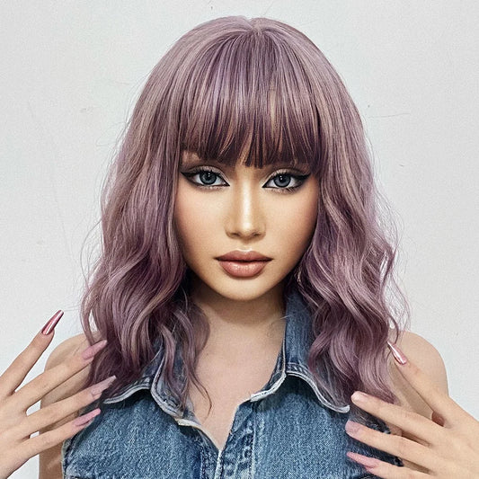 Purple Synthetic Wigs Short BoBo Deep Curly Wig with Bangs for Cosplay Daily Party Lolita Hair