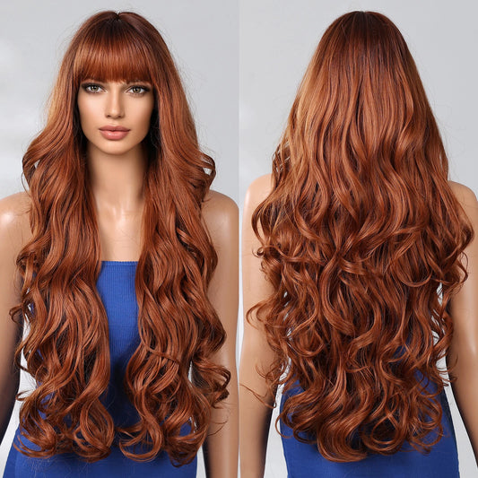 32 Inch Stock Heat Resistant Fiber Wig Red Brown Layered Large Wave Curly Synthetic Wig Curly Hair Matte High Density Suitable